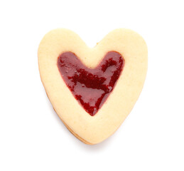 Tasty cookie in heart shape on white background