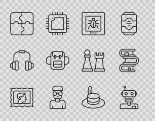 Set line Postal stamp, Robot, Insects in frame, Nerd geek, Piece of puzzle, School backpack, Man hat and Book icon. Vector