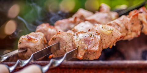 Shashlik is cooked on a fire on skewers. Pork is cooked on the grill.
