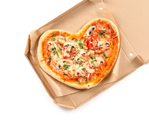 Cardboard box with tasty heart-shaped pizza on white background. Valentine's Day celebration