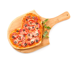 Wooden board with tasty heart-shaped pizza on white background. Valentine's Day celebration