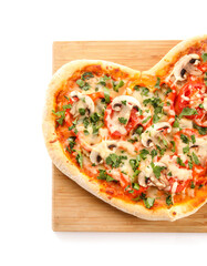 Wooden board with tasty heart-shaped pizza on white background. Valentine's Day celebration