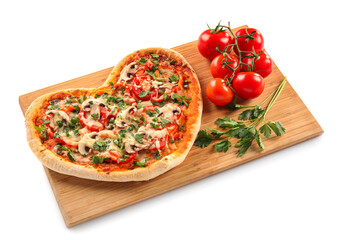 Wooden board with tasty heart-shaped pizza on white background. Valentine's Day celebration