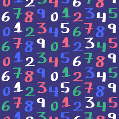 Numbers seamless pattern design. Illustration vector, hand written letters, funny colors, blue, pink and green digits. For kids, children print. Cute repeat with mathematics and school theme. 1 2 3. 