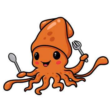 Cute little squid cartoon holding fork and spoon