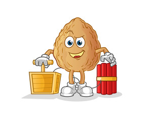almond holding dynamite detonator. cartoon mascot vector