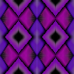 Striped colorful halftone 3d seamless pattern. Geometric vector background in trendy colors 2022. Repeat striped rhombus backdrop in violet colors. Half tone tribal ethnic style modern ornaments