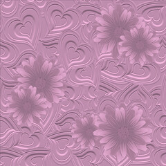 Fototapeta na wymiar 3d love hearts floral seamless pattern. Surface relief 3d love ornaments with embossing effect. Embossed 3d backgroun. Textured design with emboss love hearts, flowers. Vector ornate endless texture