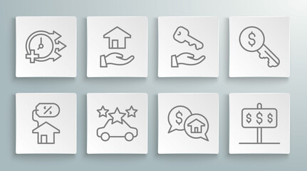 Fototapeta na wymiar Set line House with percant, Realtor, Car sharing, Price negotiation, dollar, key, Rent and Clock icon. Vector