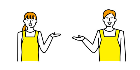 片手をあげて笑顔で案内をするエプロン姿の男性と女性