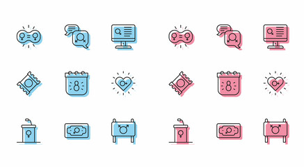Set line Debate podium rostrum, Money growth woman, Gender equality, Feminist activist, Calendar with 8 March, Feminism, Condom package and icon. Vector