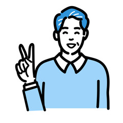 笑顔でピースサインをしている中年男性

