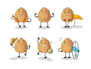 almond beach vacation set character. cartoon mascot vector