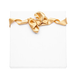 Blank board with golden ribbon bow on white background