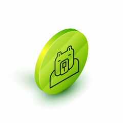 Isometric line Polar bear head icon isolated on white background. Green circle button. Vector