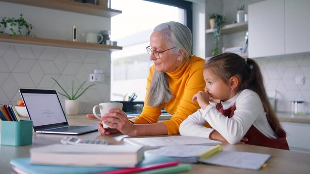 Small girl with senior grandmother doing maths homework at home.