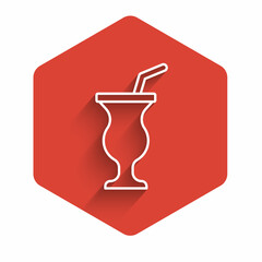 Obraz premium White line Milkshake icon isolated with long shadow. Plastic cup with lid and straw. Red hexagon button. Vector