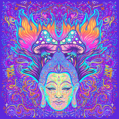 Sitting Buddha over colorful neon background. Vector illustration. Psychedelic mushroom composition. Indian, Buddhism, Spiritual Tattoo, yoga, spirituality. Sticker, patch, 60s hippie colorful art.