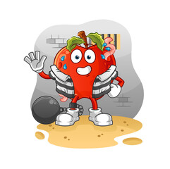 apple with worm criminal in jail. cartoon character