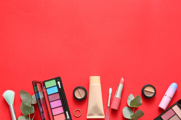 Decorative cosmetics on red background