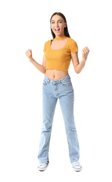 Happy Young Woman In Yellow Top On White Background