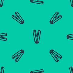 Blue line Curling iron for hair icon isolated seamless pattern on green background. Hair straightener icon. Vector