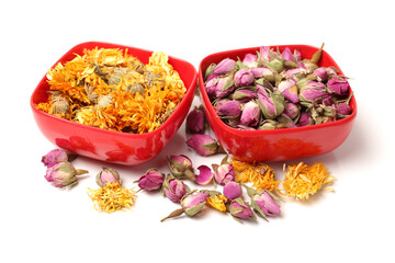 Yellow chrysanthemum flower tea and tea rose flowers on white background