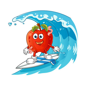 apple with worm surfing character. cartoon mascot vector