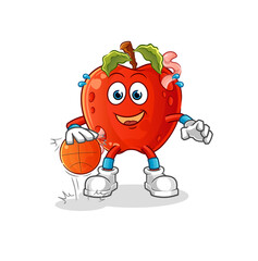 apple with worm dribble basketball character. cartoon mascot vector