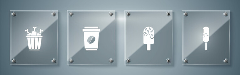 Set Ice cream, , Coffee cup to go and Chicken leg in package box. Square glass panels. Vector
