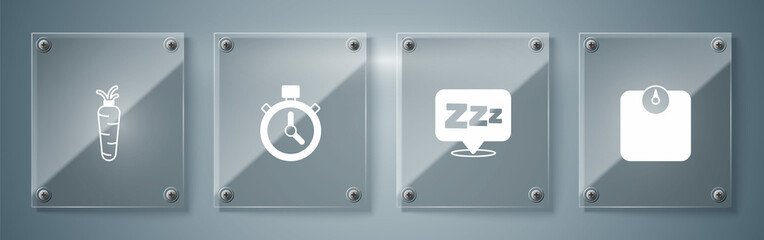 Set Bathroom scales, Sleepy, Stopwatch and Carrot. Square glass panels. Vector