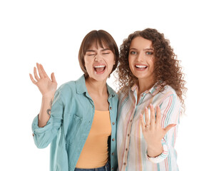 Happy engaged lesbian couple on white background