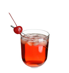 Glass of Manhattan cocktail with cherry and ice on white background