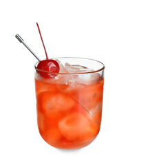 Glass of Manhattan cocktail with cherry and ice on white background