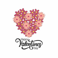 a collection of flowers to form a symbol of love, with copyspace and text Happy Valentine's day. heart with floral ornament, isolated white backgrounds. Applicable for valentines day, greeting cards