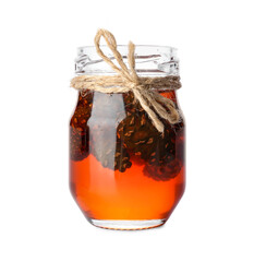 Jar of tasty pine cone jam on white background