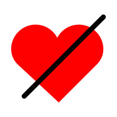 No love symbol. Red heart sign. Black slash. No romantic. Stop emotion. Isolated object. Vector illustration. Stock image.