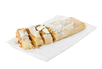 Delicious apple strudel with almonds and powdered sugar on white background