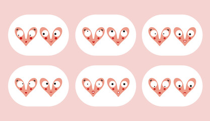 Set of cute cartoon couples of lovers hearts in flat style.Concept of spending time together. Love story. Pretty design for valentines day,poster,card,social media templates,print.Isolated elements.