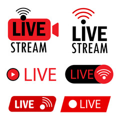 Live stream icon set. Broadcast logo. App symbol. Technology concept. Lilac background. Vector illustration. Stock image. 
