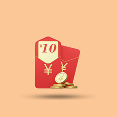 Minimalist 3d rendering red packets chinese illustration