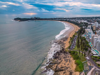 Aerial drone view on Moloolaba beach ocean Mooloolaba Beach travel concept Queensland Australia