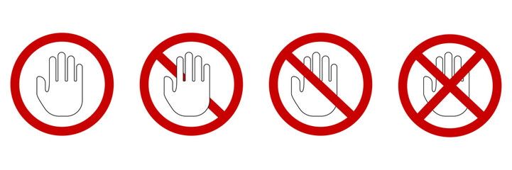 No hand icons. Stop touch. Outline symbol. Red circle. Prohibited information sign. Vector illustration. Stock image. 