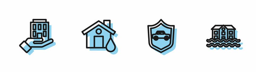 Set line Car with shield, House in hand, flood and icon. Vector