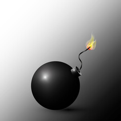 Bomb sign. Cannon ball. Cartoon style. Isolated object. Gray gradientary background. Vector illustration. Stock image. 