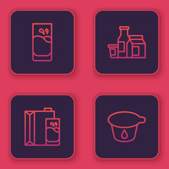 Set line Glass with milk, Paper package for, Milk product and Yogurt container. Blue square button. Vector