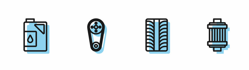 Set line Car tire wheel, Canister for motor oil, Timing belt kit and air filter icon. Vector