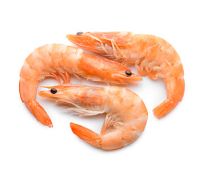 Tasty whole shrimps on white background