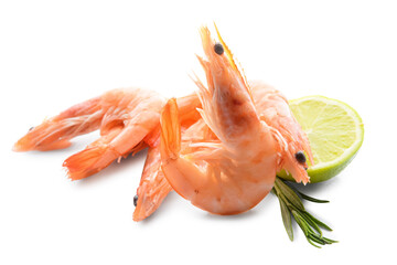Tasty whole shrimps with lemon and rosemary on white background