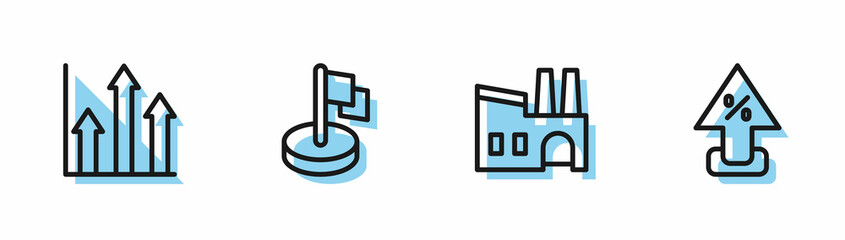 Set line Factory, Pie chart infographic, Flag and Percent up arrow icon. Vector